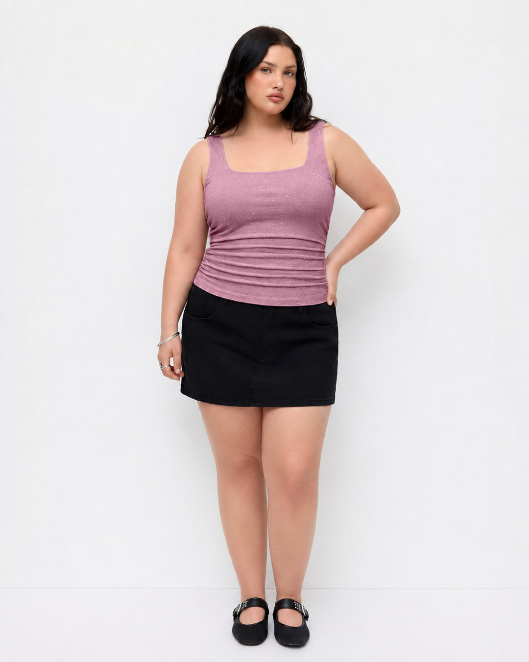 Square Neck Ruched Sparkle Tank Top Curve & Plus in Baby Pink