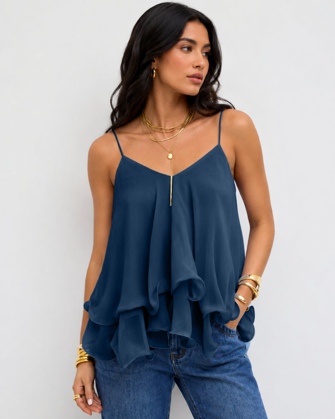 V Neck Tiered Ruffle Cami Top in Pageant Blue