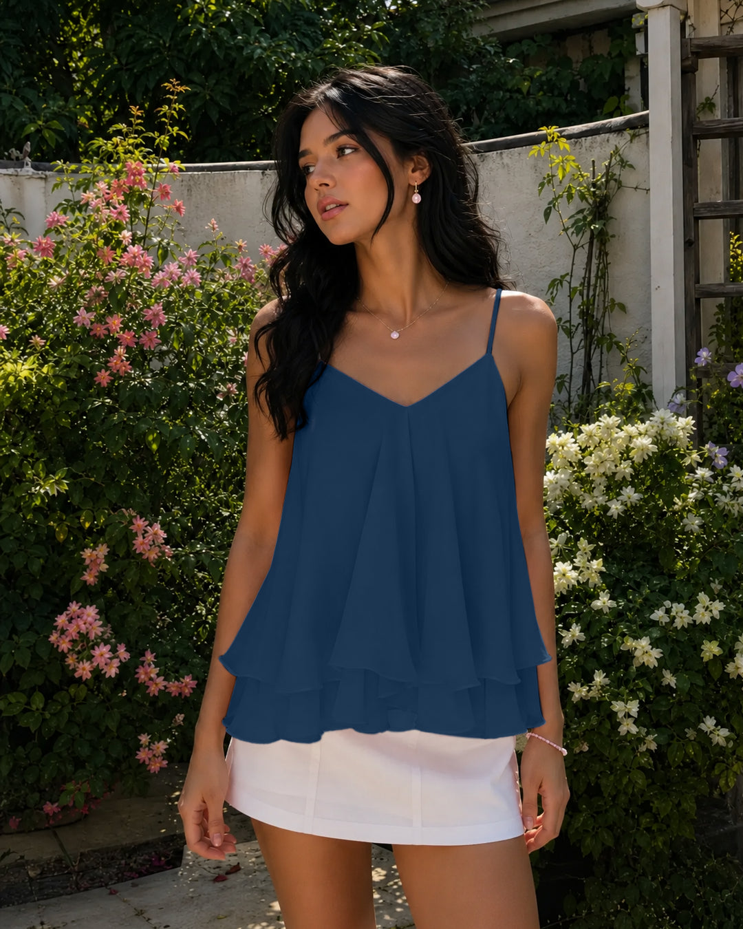 V Neck Tiered Ruffle Cami Top in Pageant Blue