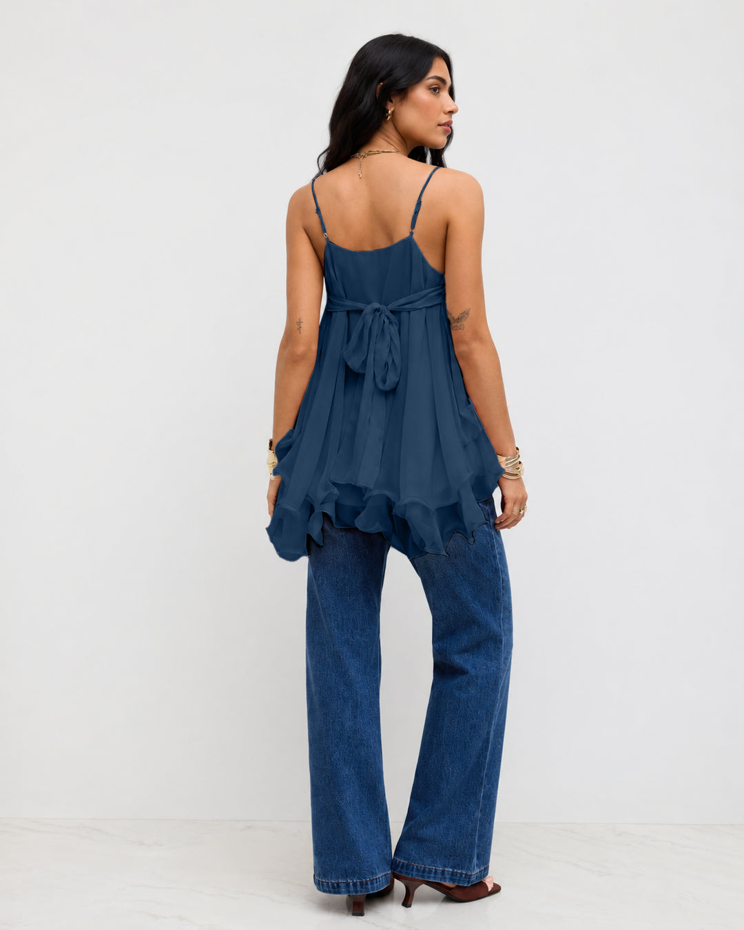 V Neck Tiered Ruffle Cami Top in Pageant Blue