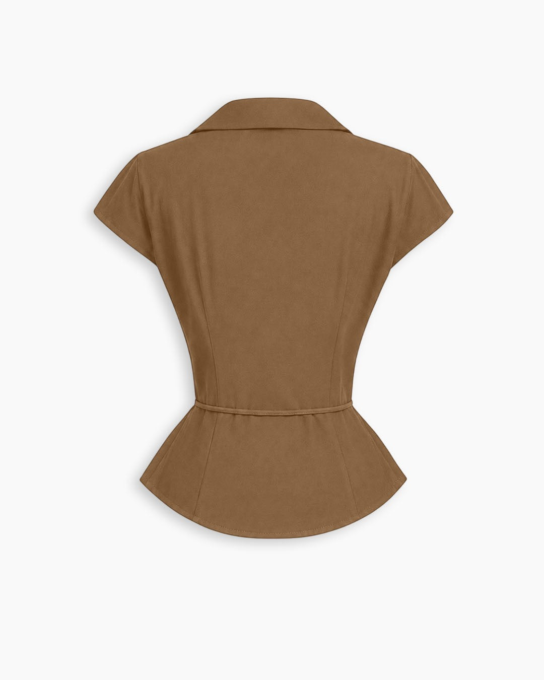 Collared Wrap Front Ruched Tie Top in Mocha Brown