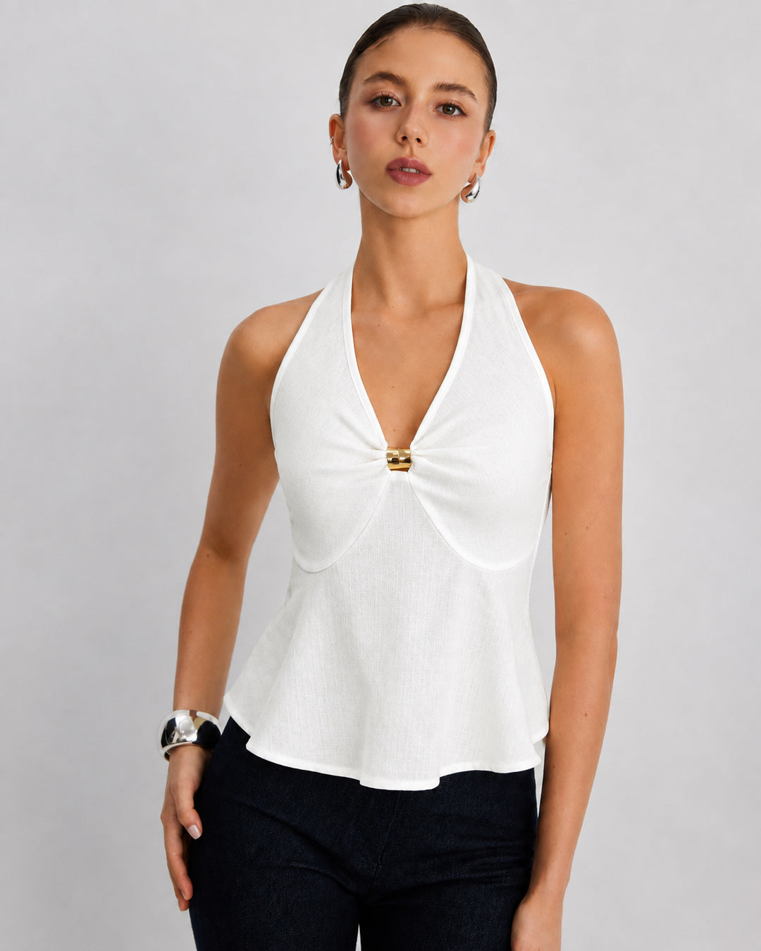Halter Neck Peplum Top with Front Buckle Detail in Classic White