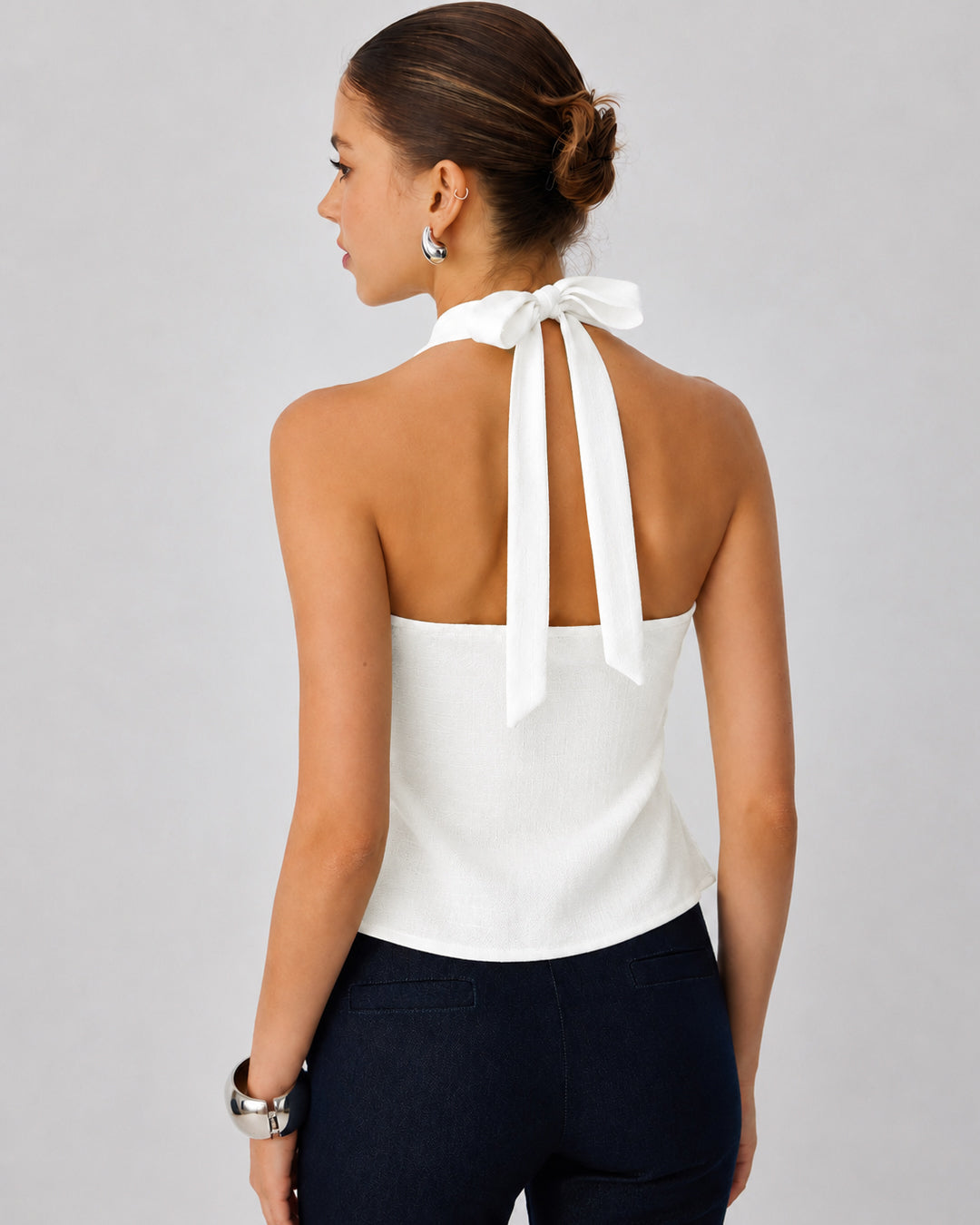Halter Neck Peplum Top with Front Buckle Detail in Classic White