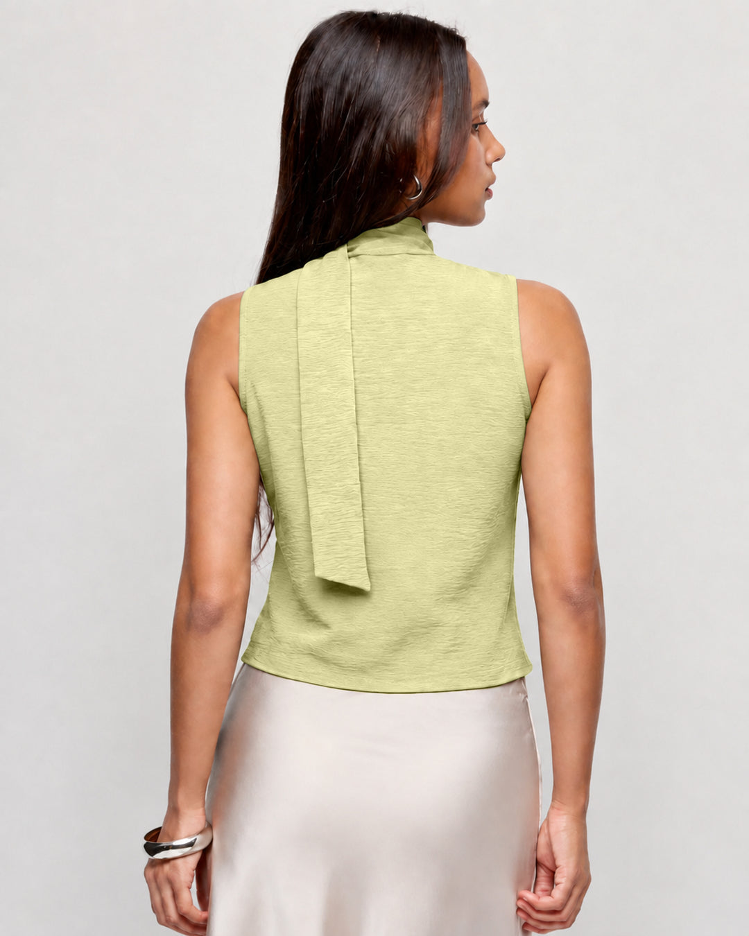 Mock Neck Button Front Tie Detail Top in Herbal Green