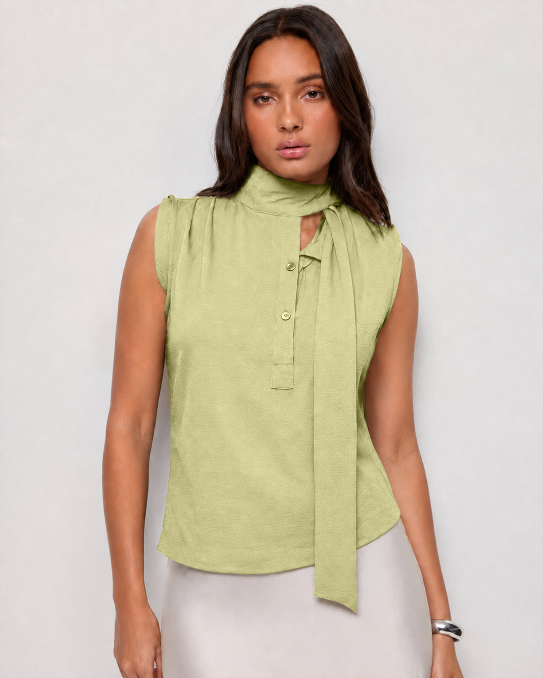Mock Neck Button Front Tie Detail Top in Herbal Green