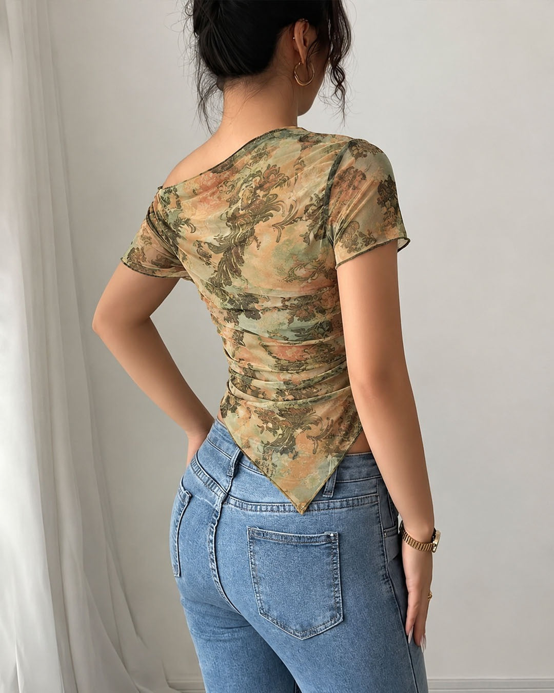 Off Shoulder Ruched Mesh Overlay Asymmetrical Top in Sage Green