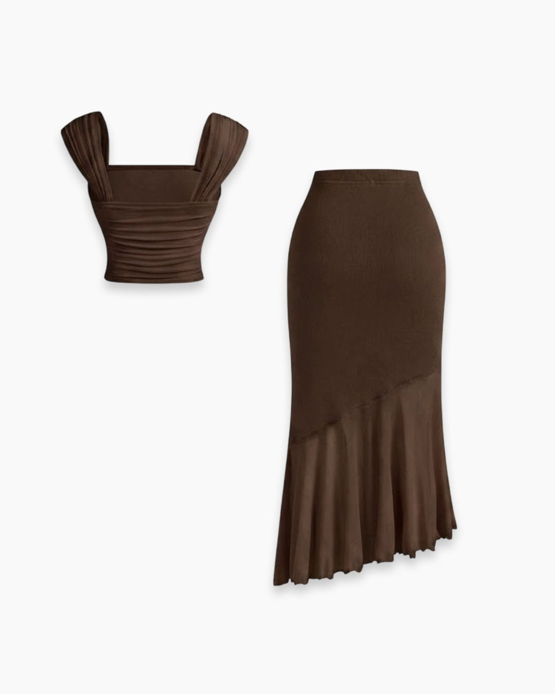 Ruched Crop Top & Asymmetric Hem Skirt Set in Chocolate Brown