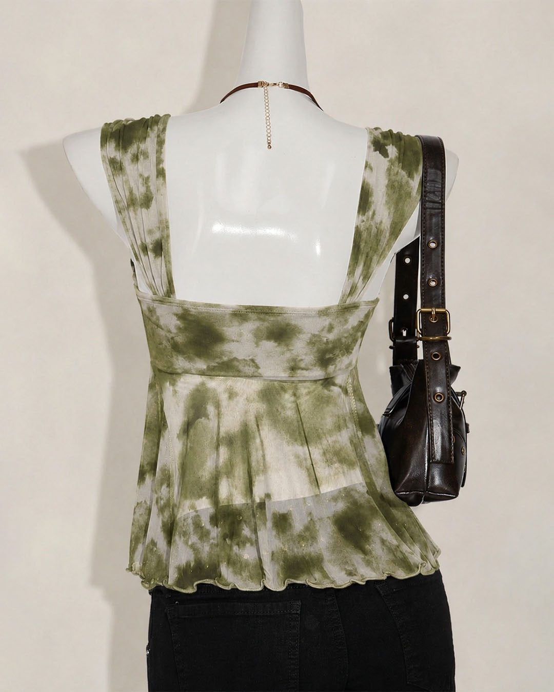 Sweetheart Neck Slim Fit Asymmetrical Hem Abstract Print Top in Olive Green
