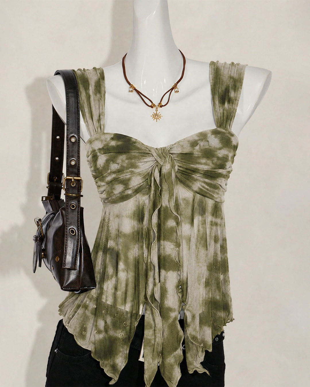Sweetheart Neck Slim Fit Asymmetrical Hem Abstract Print Top in Olive Green