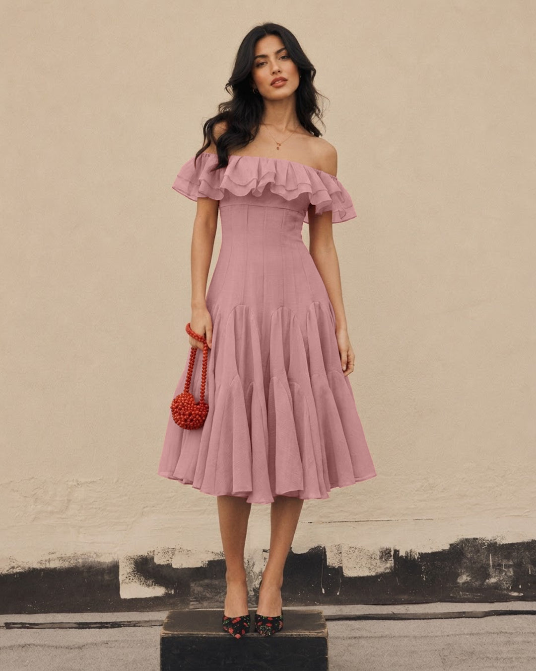 Off Shoulder Ruffle Tiered Midi Dress in Dusty Pink