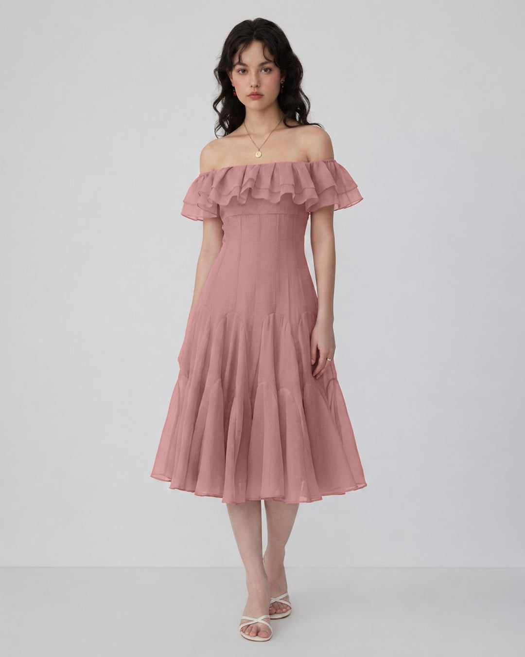 Off Shoulder Ruffle Tiered Midi Dress in Dusty Pink