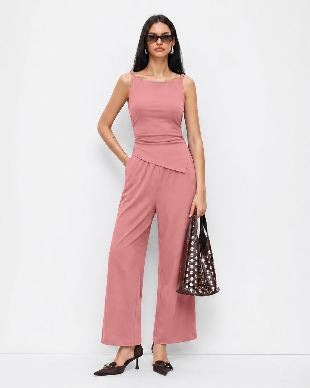 Ruched Waist Asymmetric Wide Leg Jumpsuit in Pink