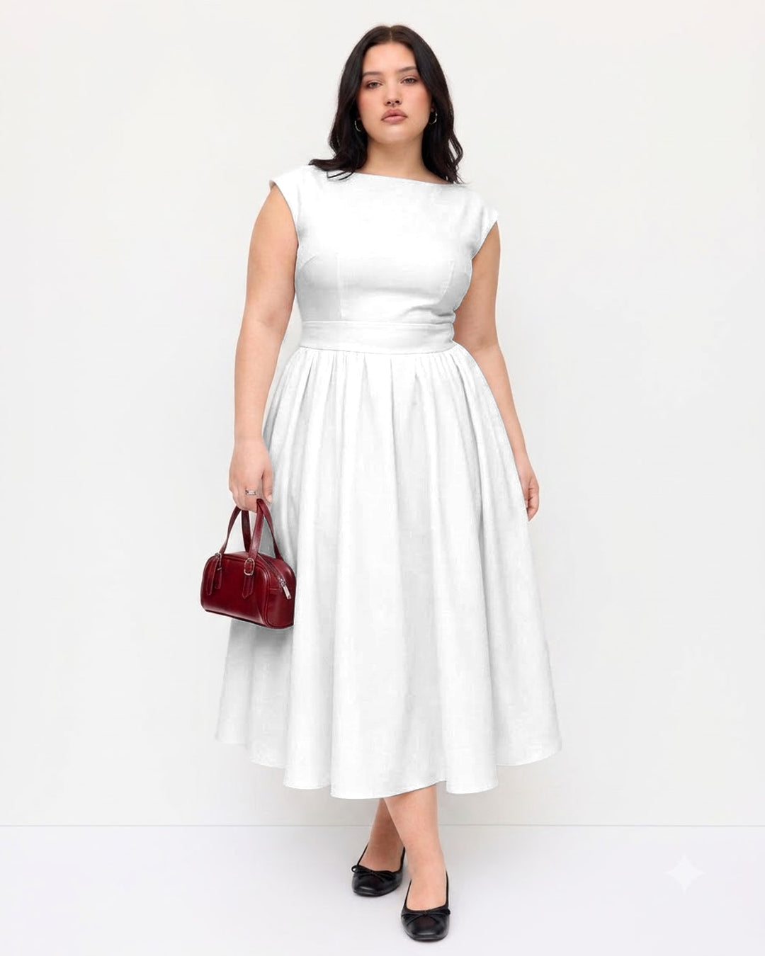 Cap Sleeve Fit & Flare A-Line Midi Dress Curve and Plus in Classic White