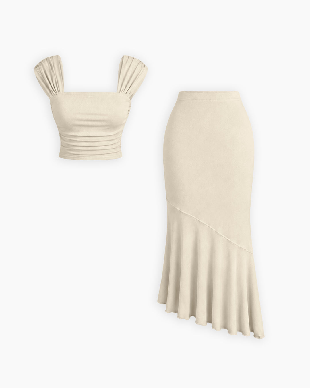 Ruched Crop Top & Asymmetric Hem Skirt Set in Cream