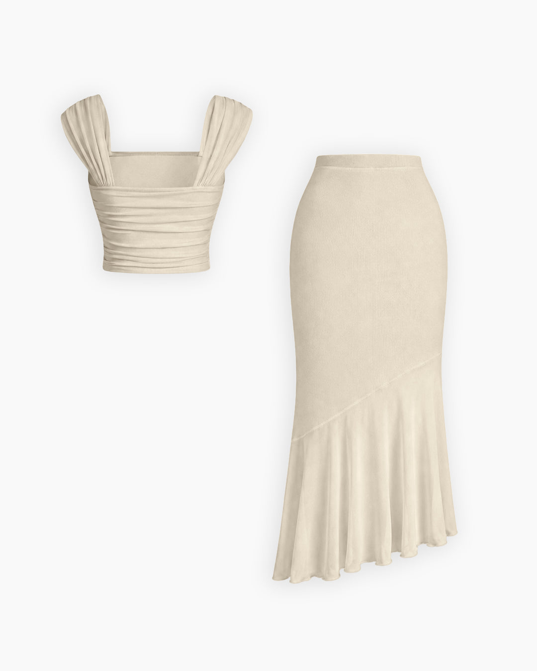 Ruched Crop Top & Asymmetric Hem Skirt Set in Cream