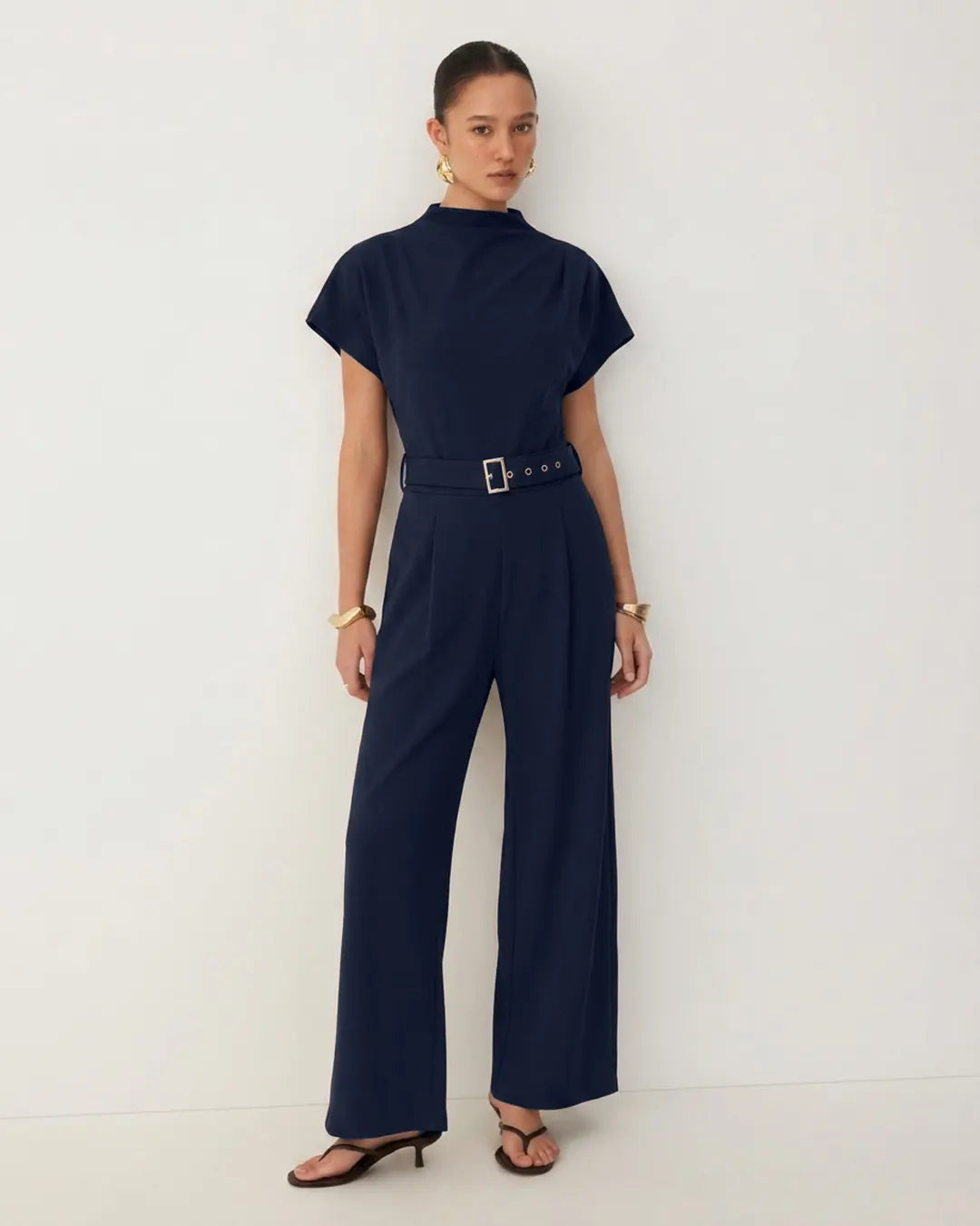 Mock Neck Wide Leg Belted Jumpsuit in Dark Navy Blue