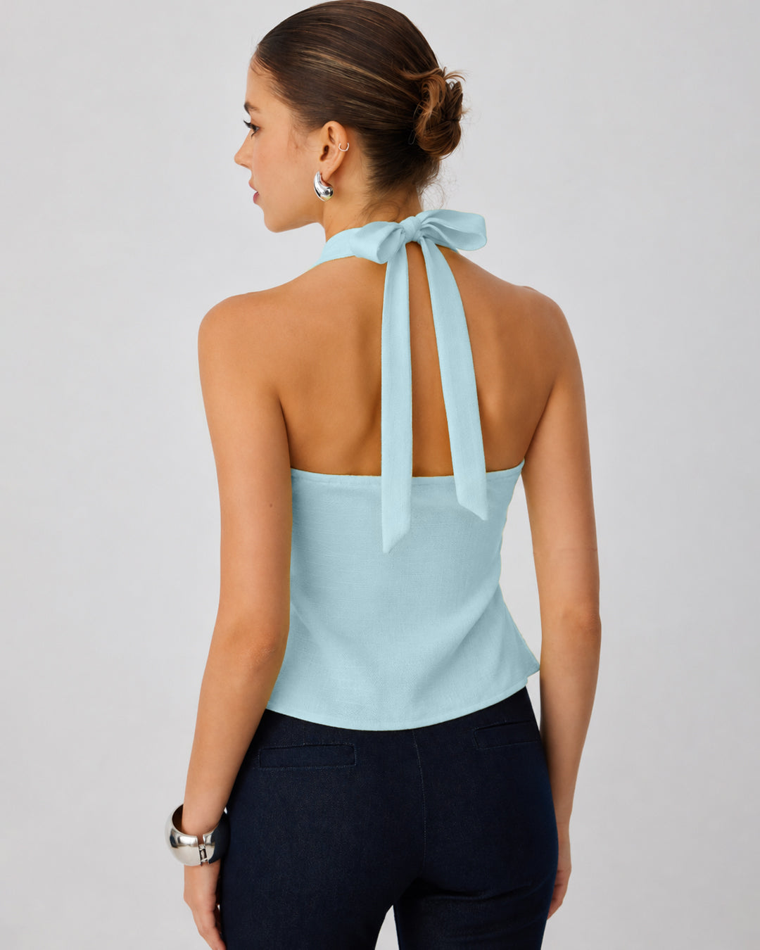 Halter Neck Peplum Top with Front Buckle Detail in Baby Blue