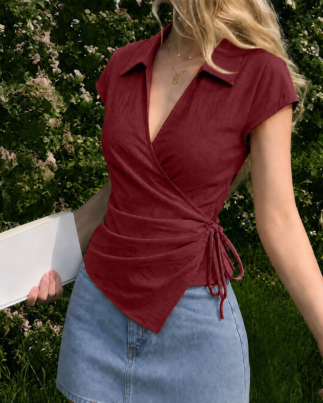 Collared Wrap Front Ruched Tie Top in Baby Pink in Burgundy