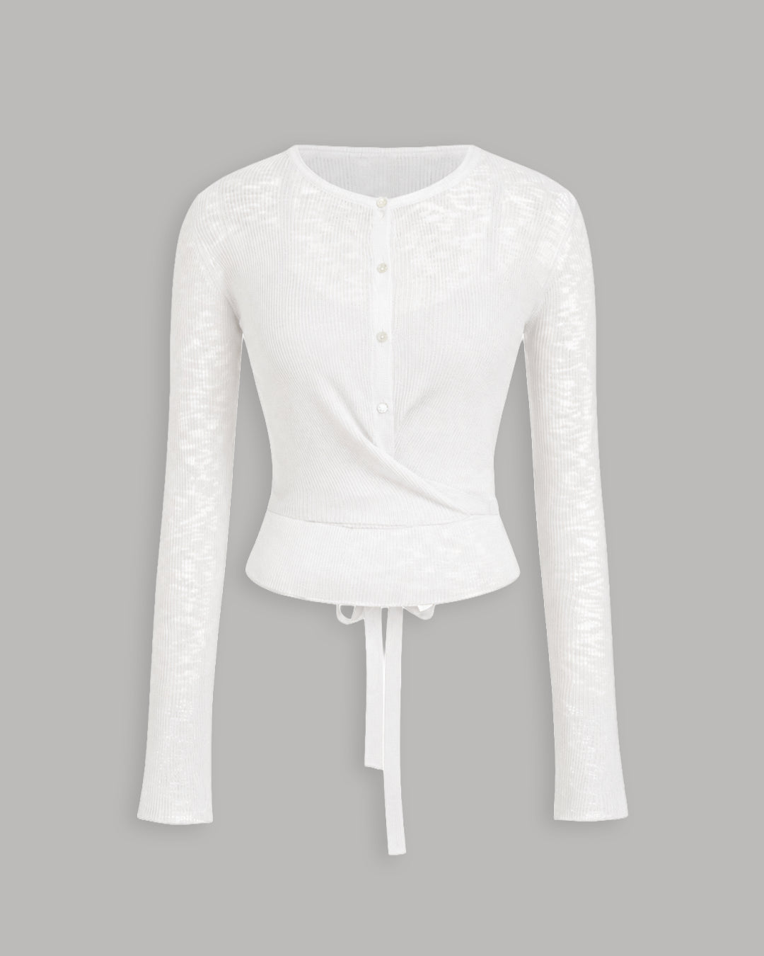 Button Front Wrap Hem Rib Knit Top in Jet White