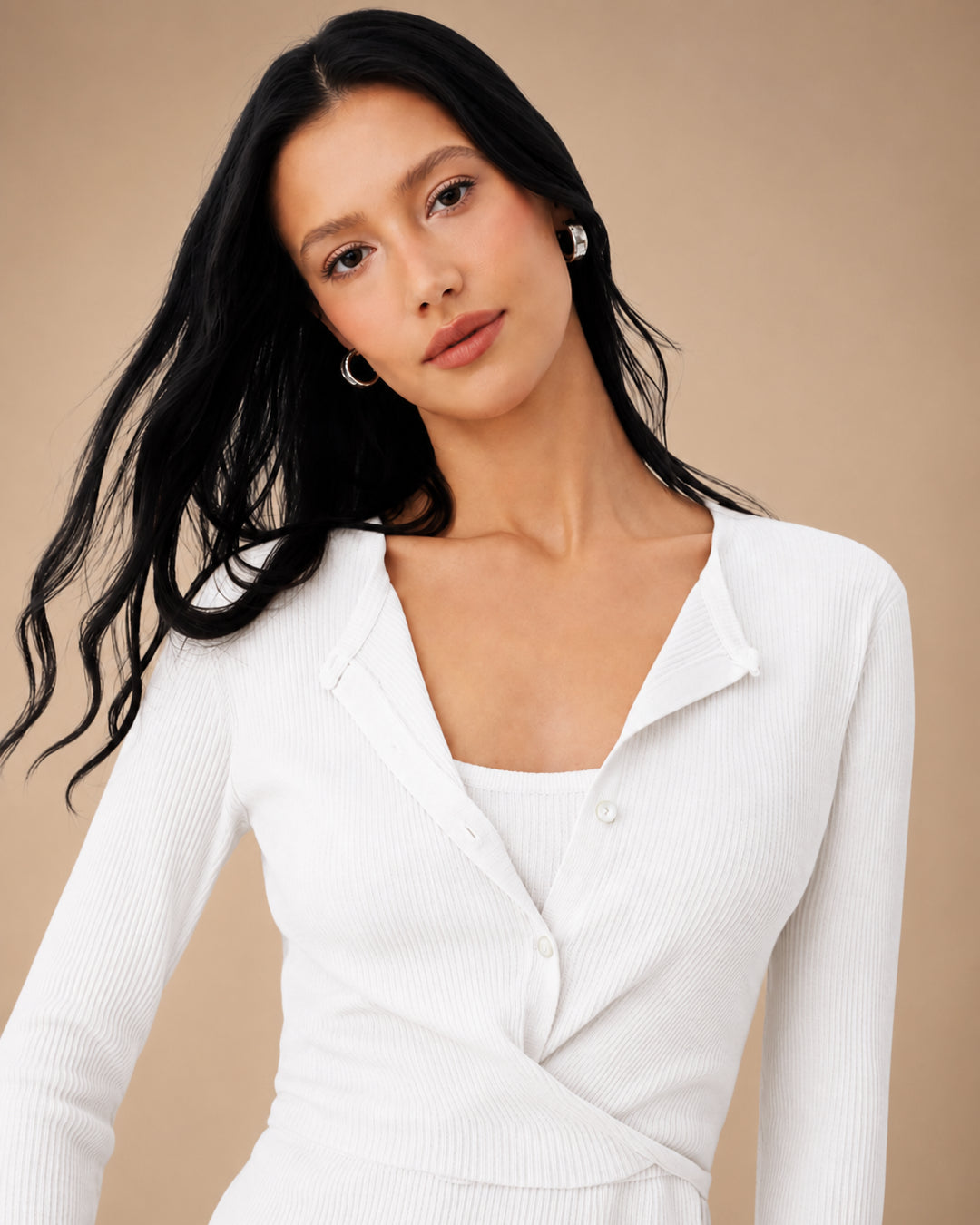 Button Front Wrap Hem Rib Knit Top in Jet White