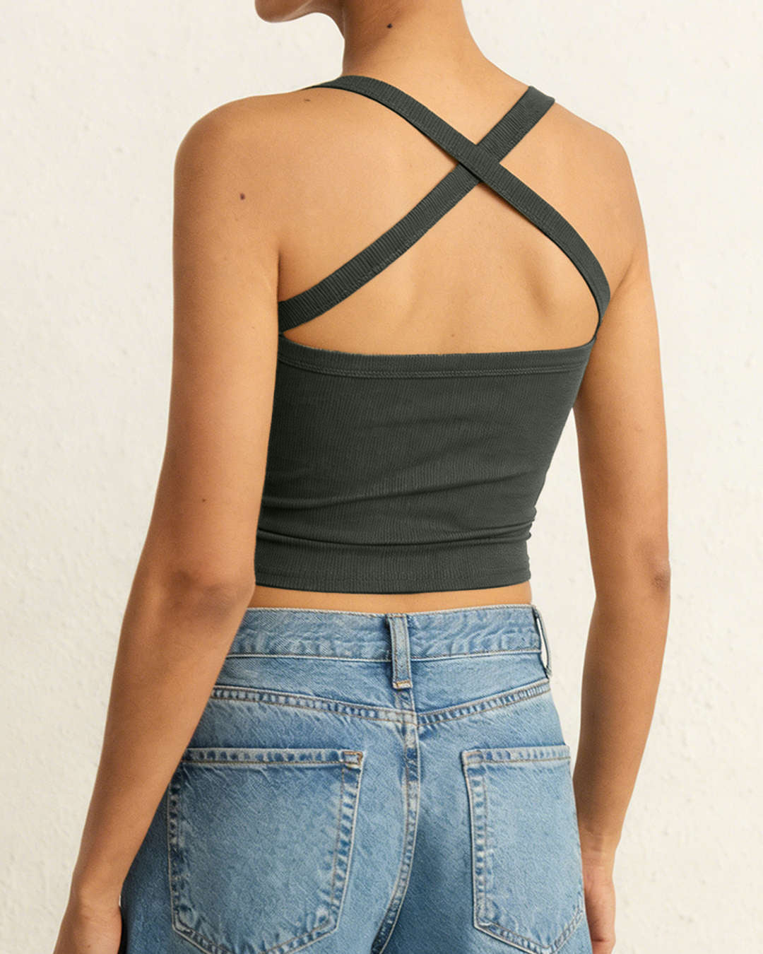 Criss Cross Halter Sleeveless Crop Top in Dark Grey