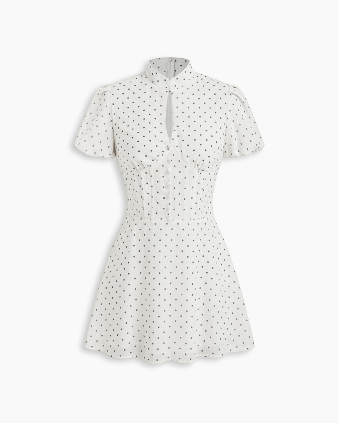 Polka Dot High Neck Puff Sleeve Ruched Mini Dress in Classic White