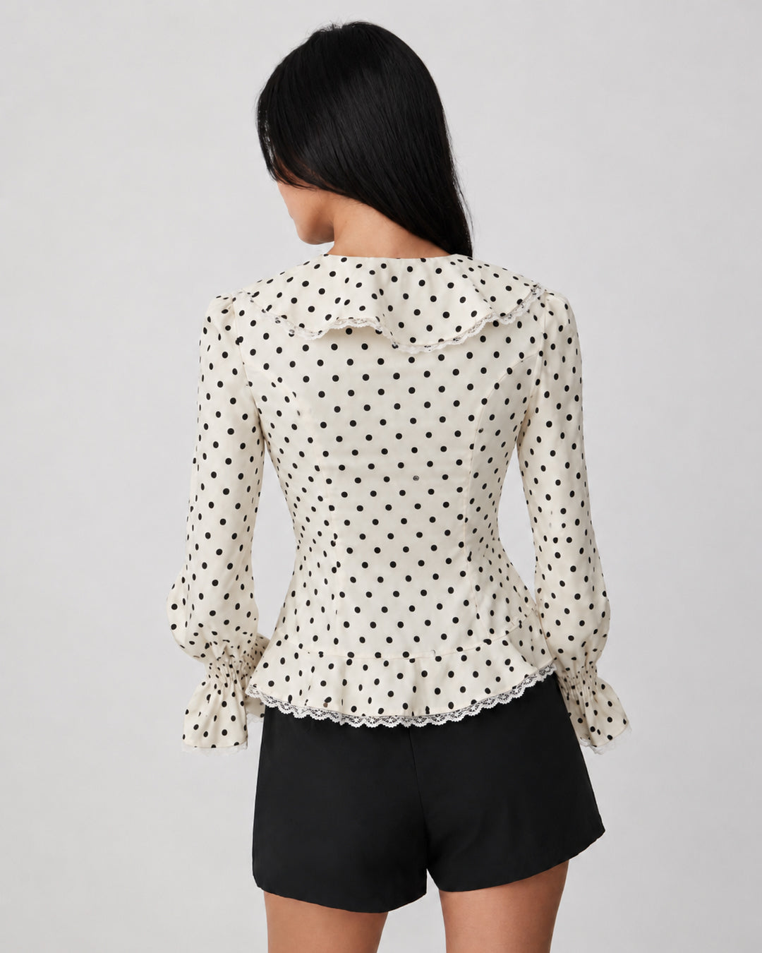Polka Dot Ruffle Trim V Neck Full Sleeve Top in Warm Beige