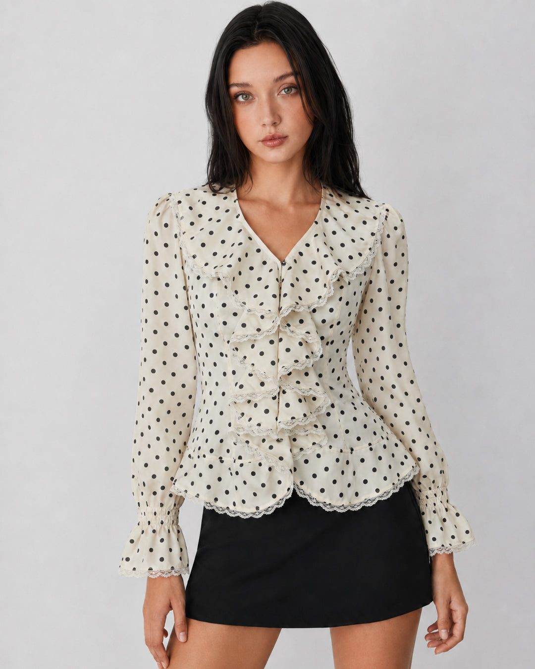 Polka Dot Ruffle Trim V Neck Full Sleeve Top in Warm Beige