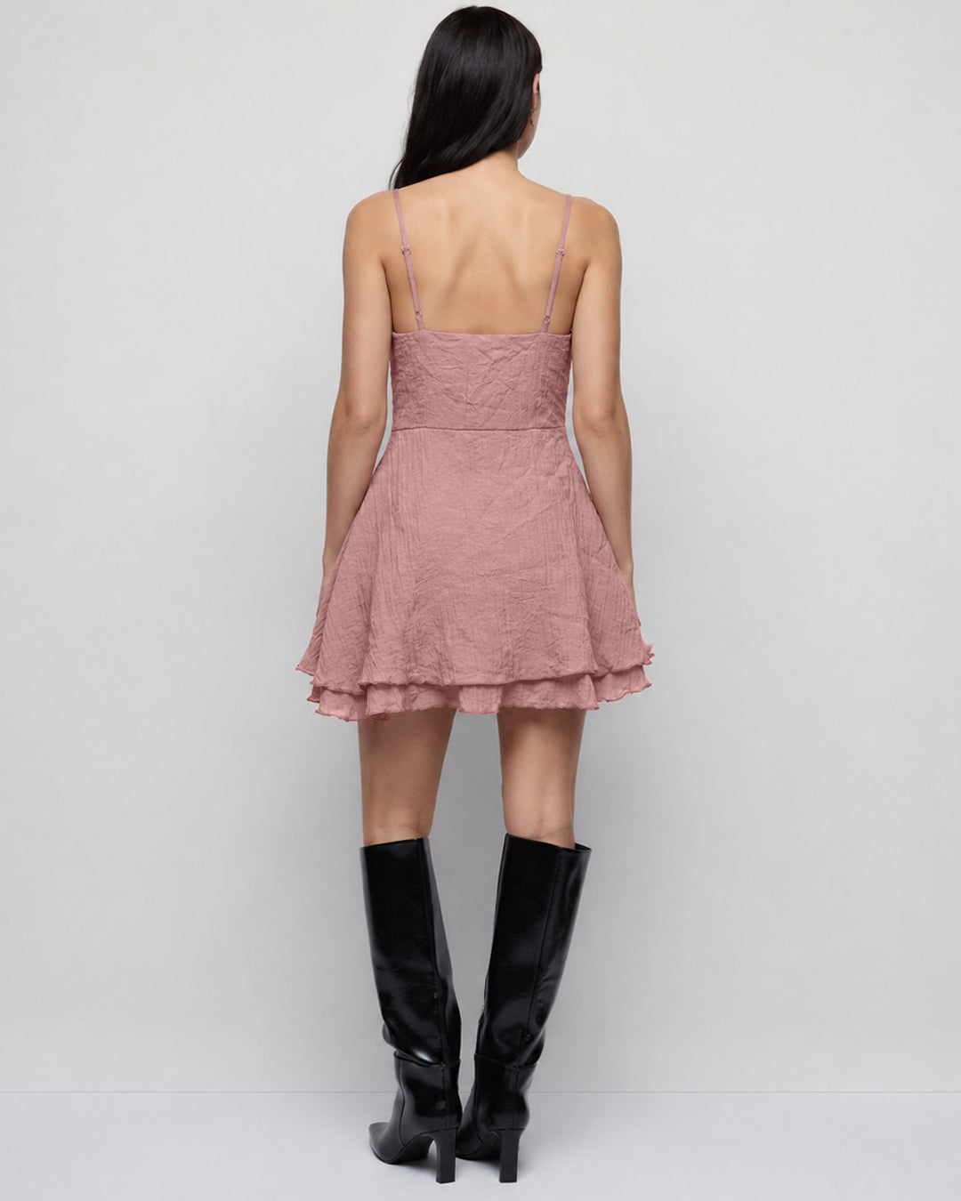 Ruffle Trim Spaghetti Strap Tiered Mini Dress in Dusty Pink