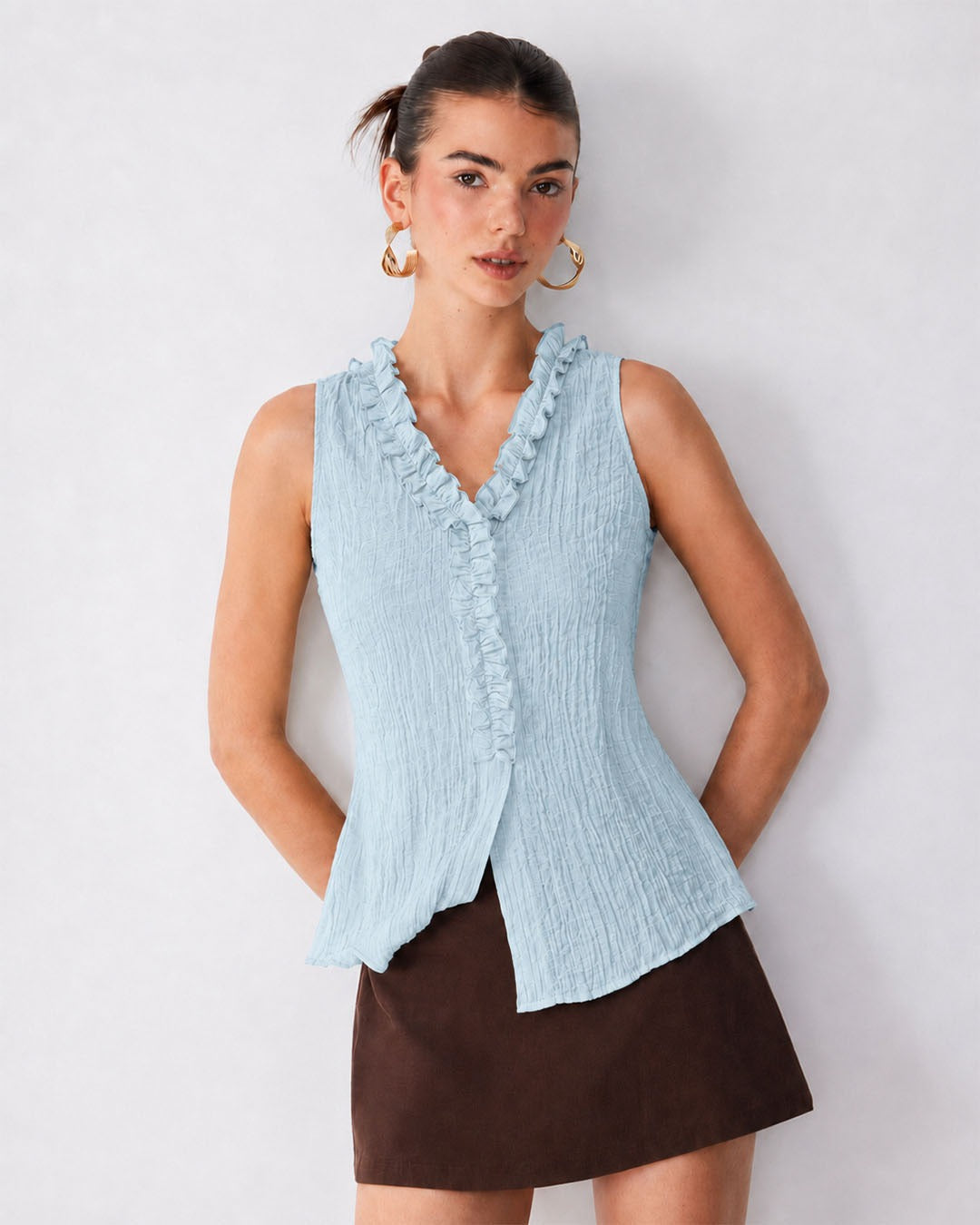 Ruffle Trim V Neck Button Front Peplum Top in Powder Blue