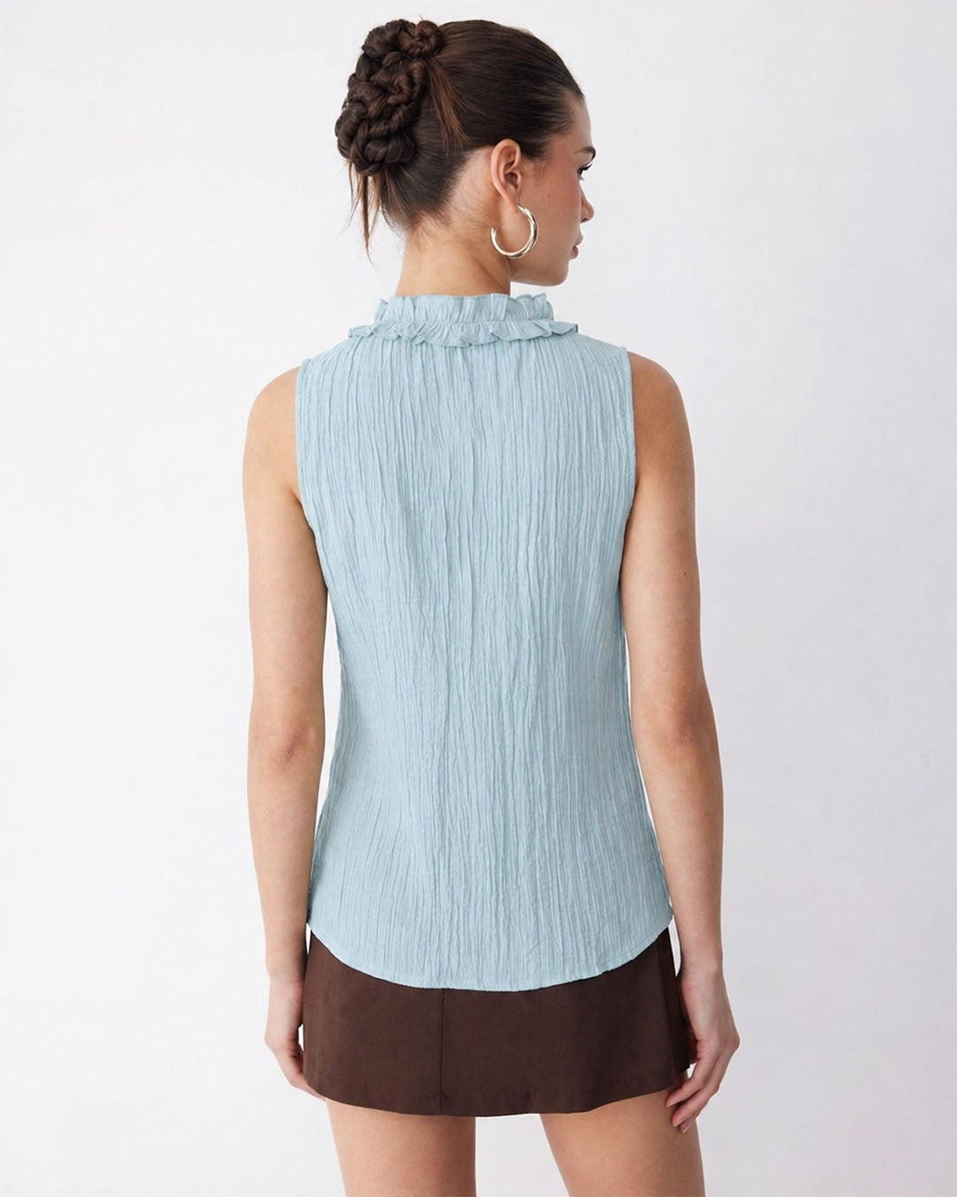 Ruffle Trim V Neck Button Front Peplum Top in Powder Blue