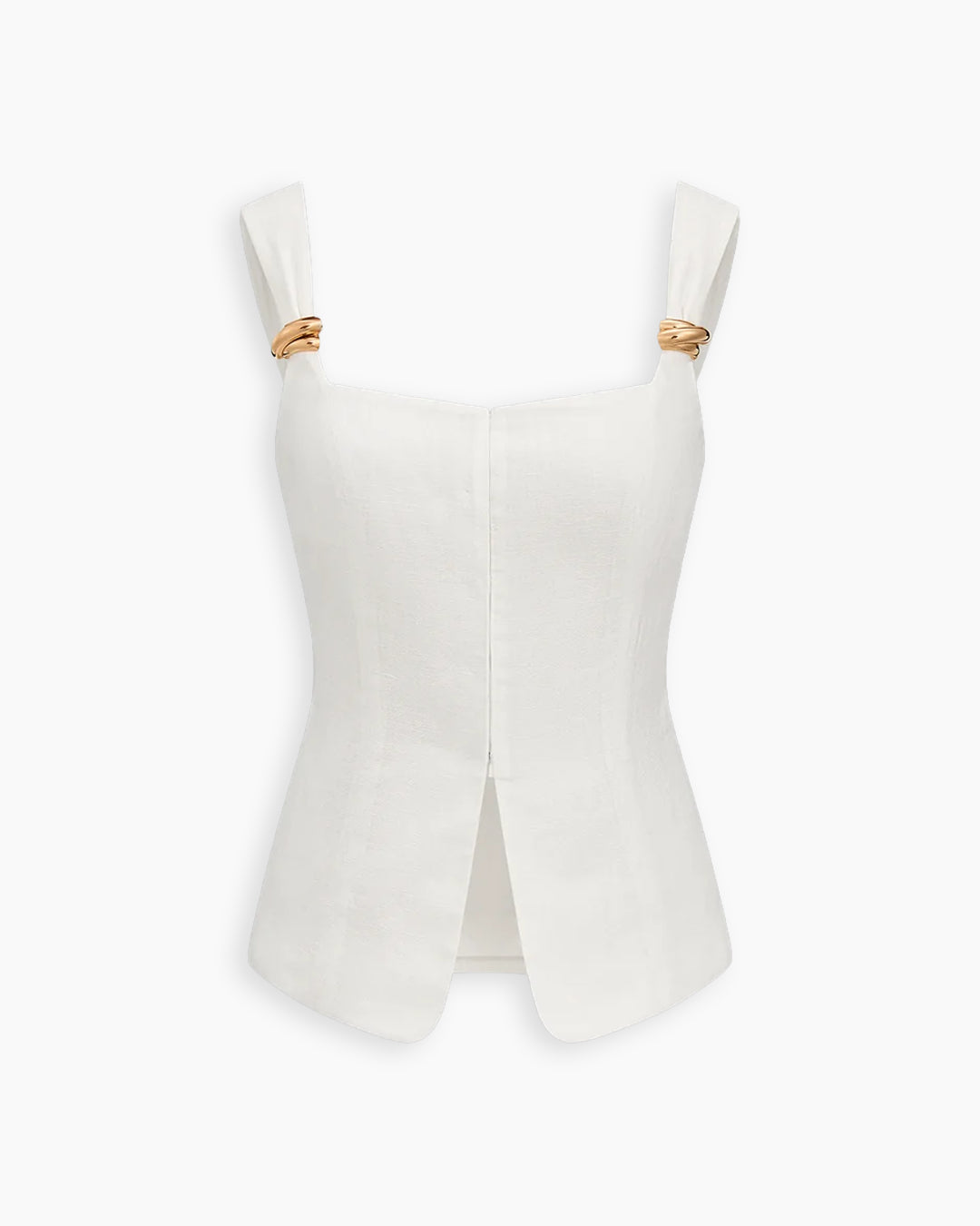 Square Neck Buckle Strap Curved Hem Top in Classic White