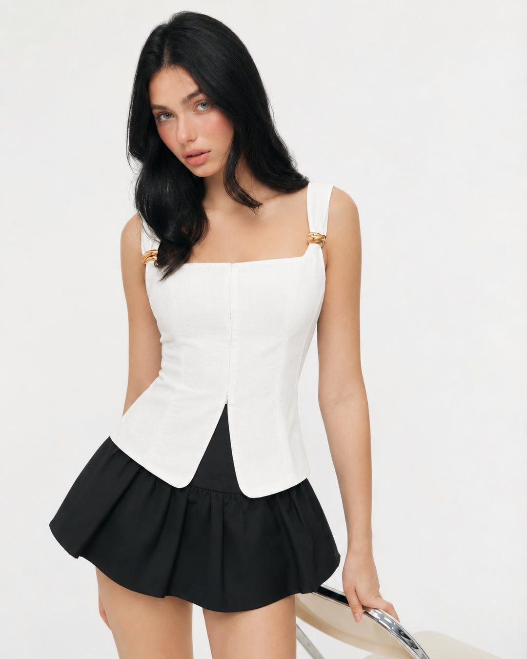 Square Neck Buckle Strap Curved Hem Top in Classic White