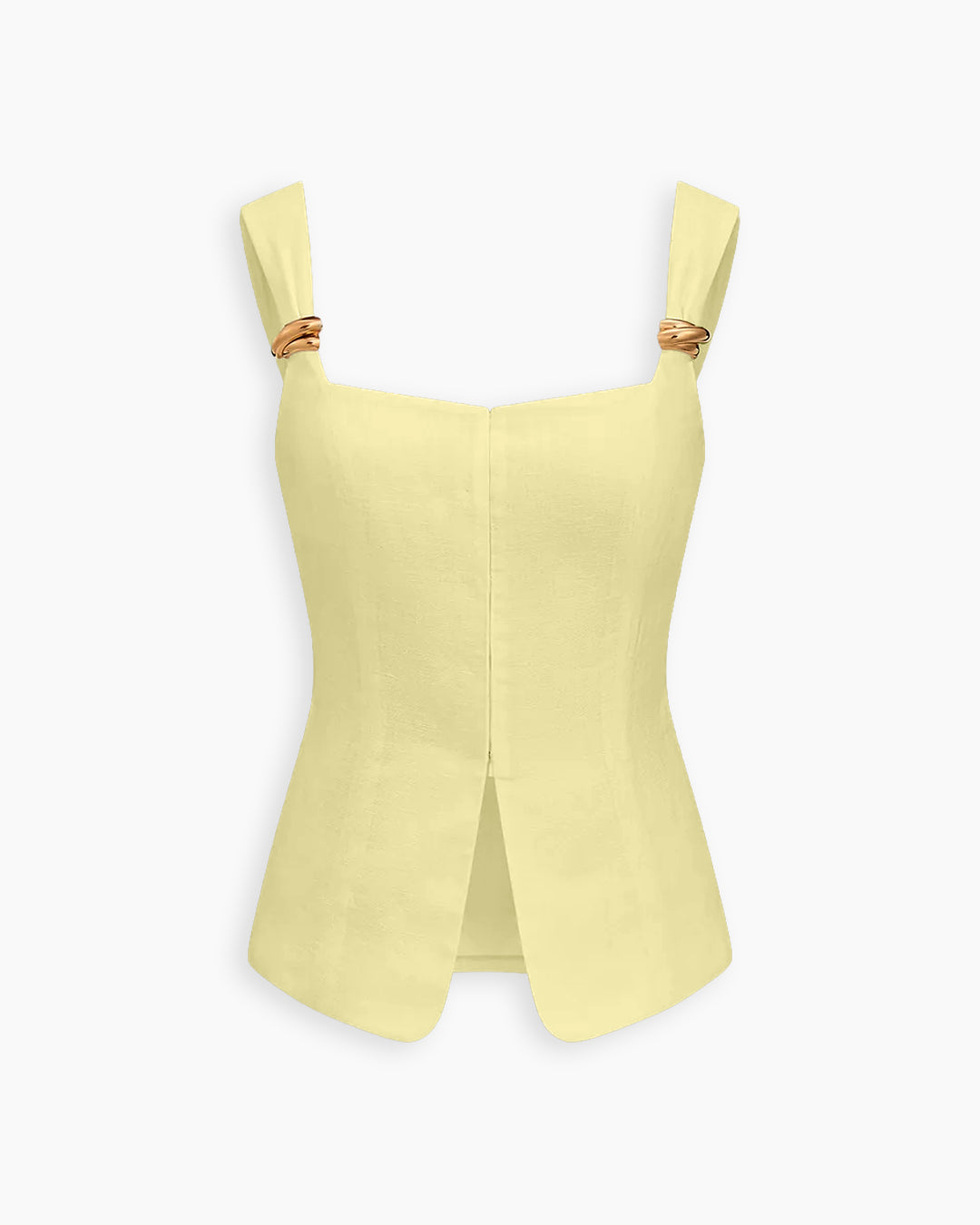 Square Neck Buckle Strap Curved Hem Top in Vanilla