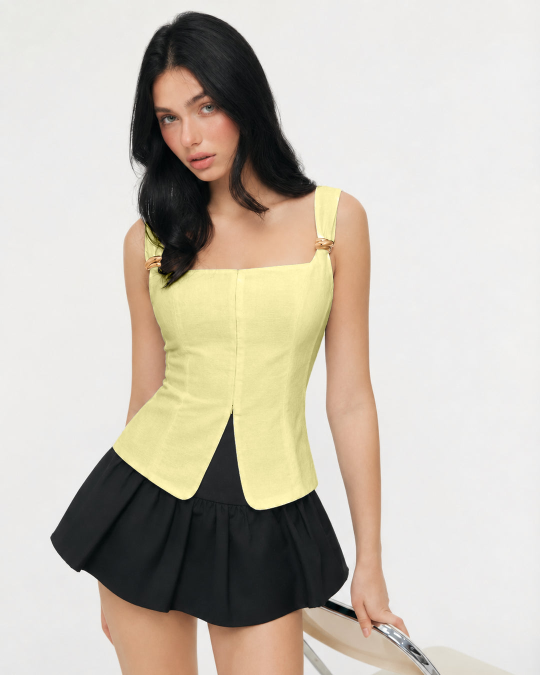 Square Neck Buckle Strap Curved Hem Top in Vanilla