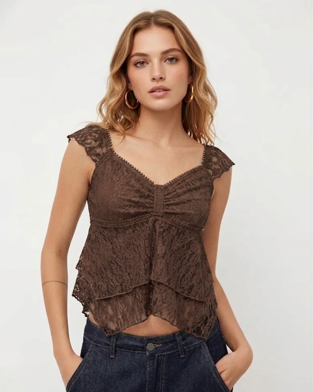 Lace Trim V Neck Ruffle Peplum Top in Espresso Brown