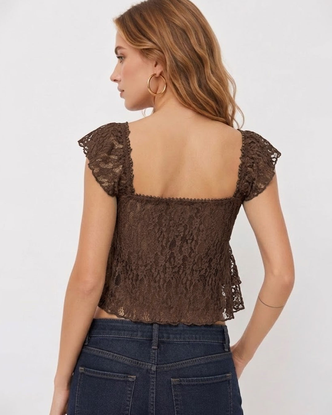 Lace Trim V Neck Ruffle Peplum Top in Espresso Brown