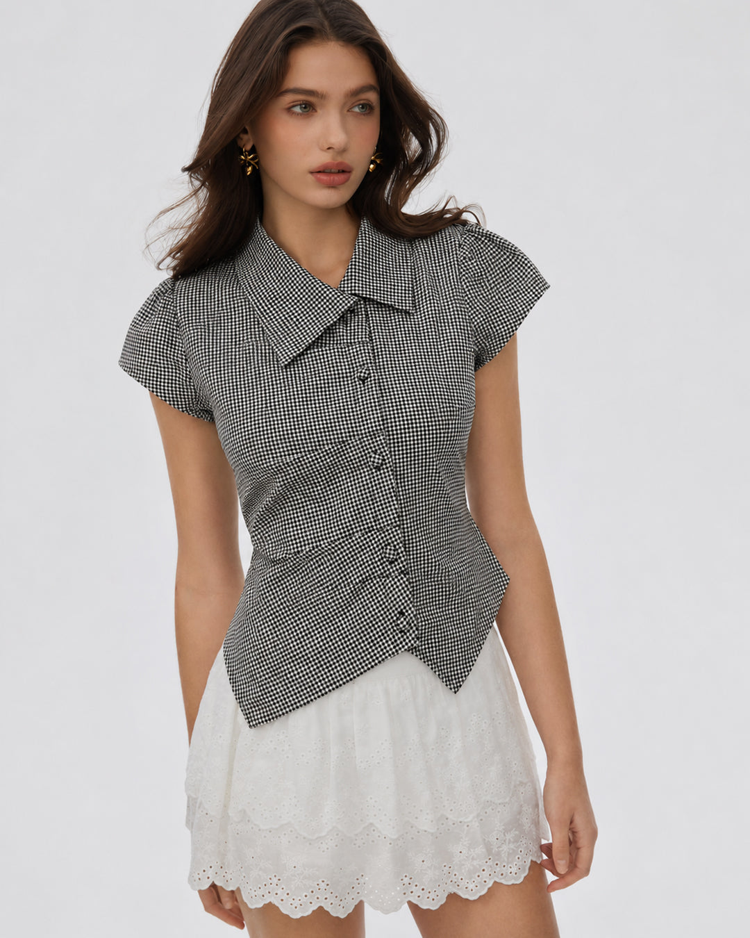 Gingham Pointed Collar Button Front Peplum Top in Jet Black and Charcoal Grey