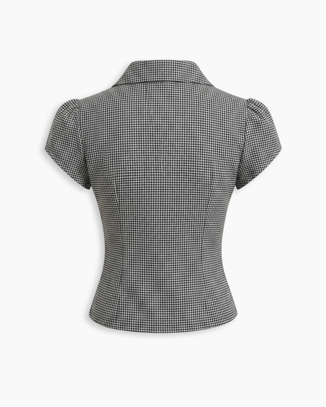 Gingham Pointed Collar Button Front Peplum Top in Jet Black and Charcoal Grey