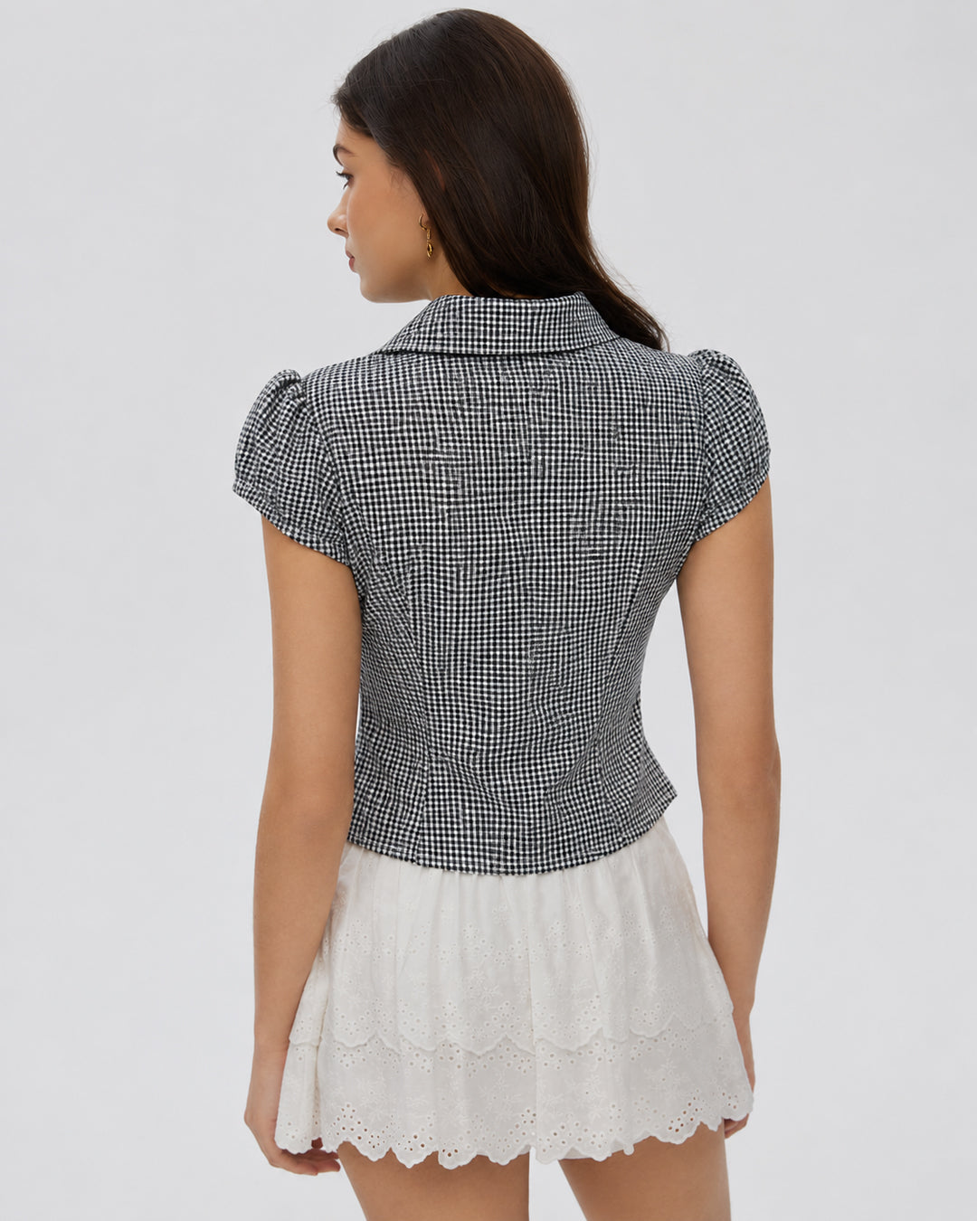 Gingham Pointed Collar Button Front Peplum Top in Jet Black and Charcoal Grey