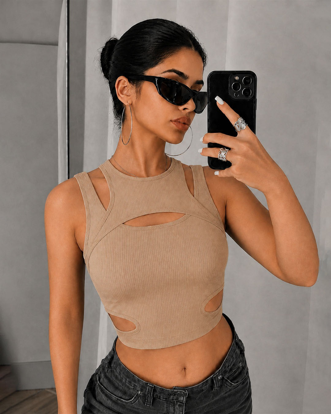 Cut Out Double Strap Crop Top in Beige