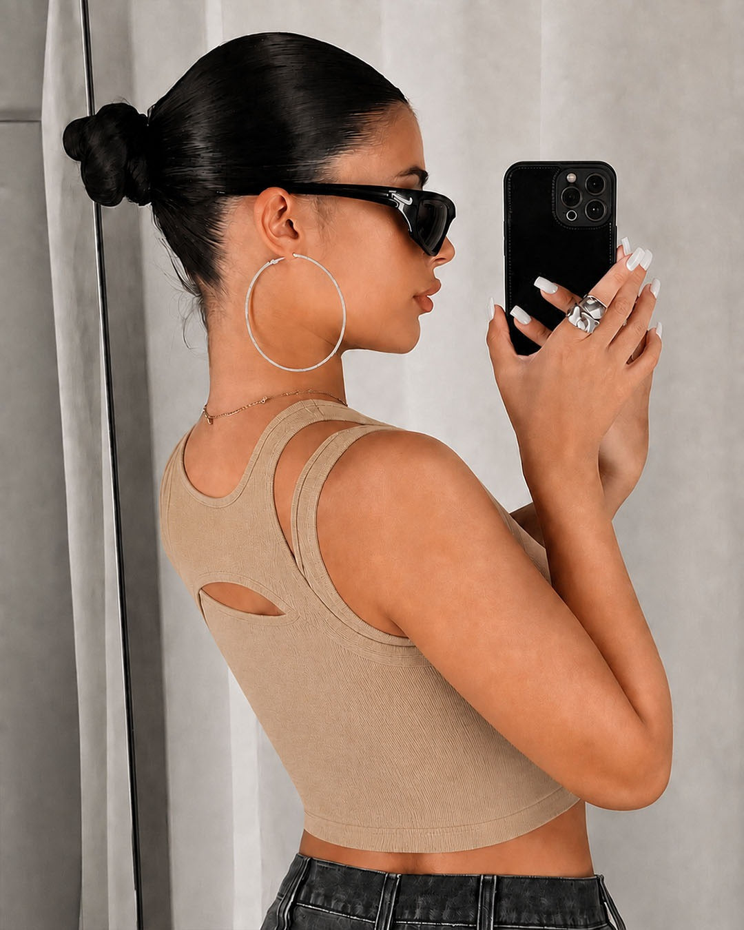 Cut Out Double Strap Crop Top in Beige