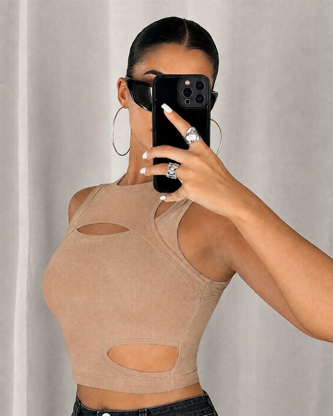 Cut Out Double Strap Crop Top in Beige