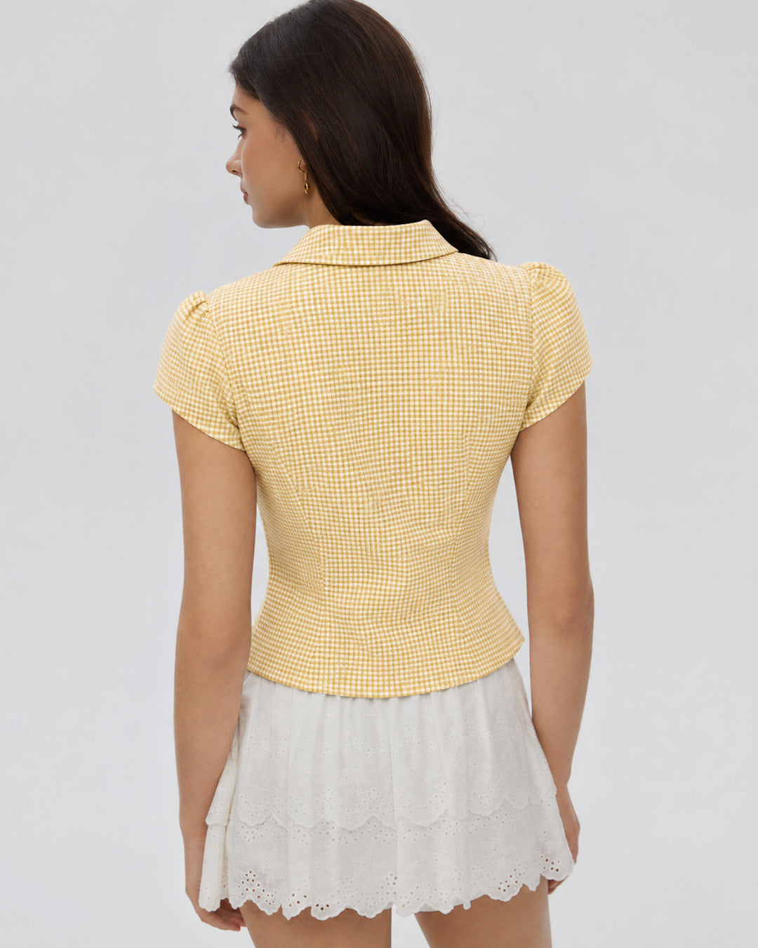 Gingham Pointed Collar Button Front Peplum Top in Butter Yellow