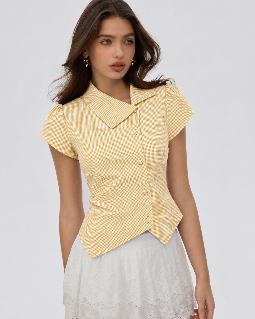 Gingham Pointed Collar Button Front Peplum Top in Butter Yellow