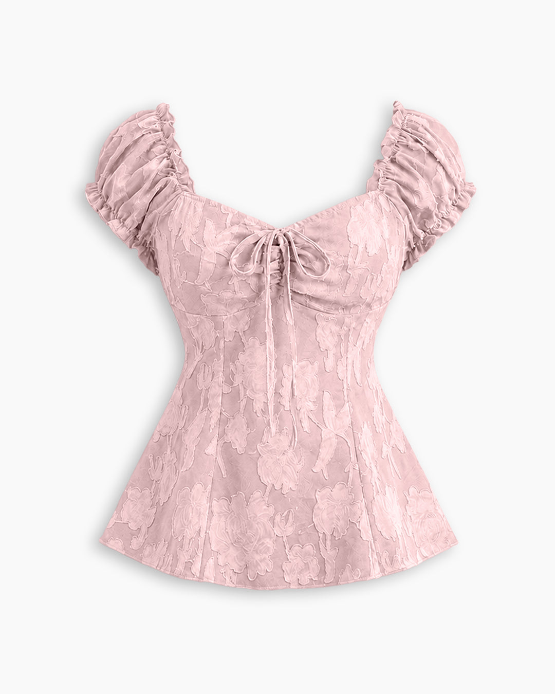 Cute Tie Front Neck Puff Sleeve Fit & Flare Top in Baby Pink