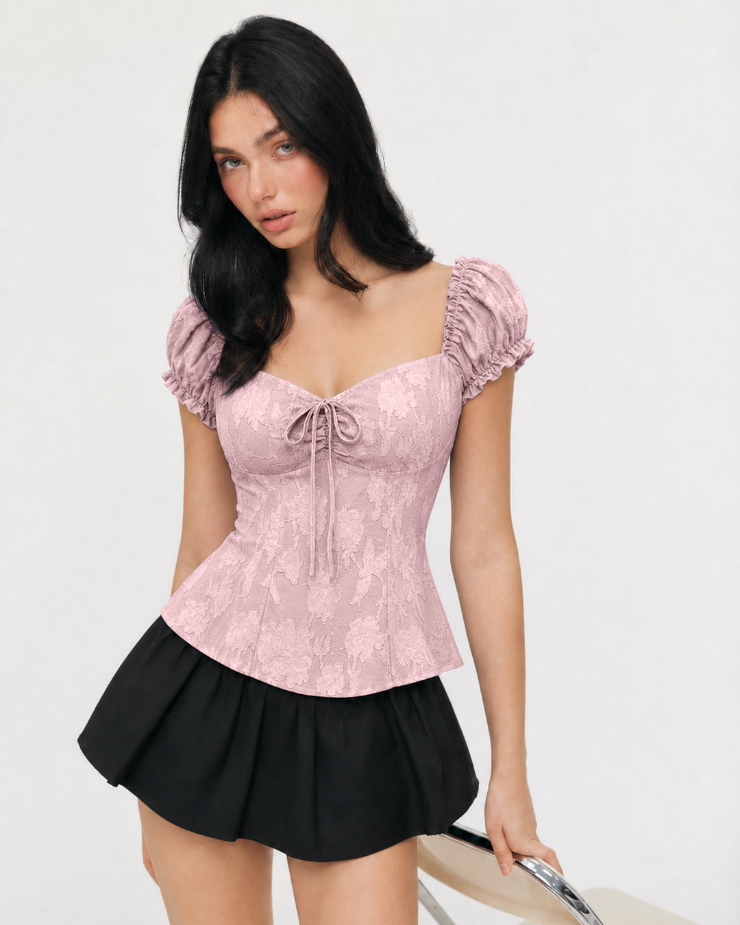 Cute Tie Front Neck Puff Sleeve Fit & Flare Top in Baby Pink