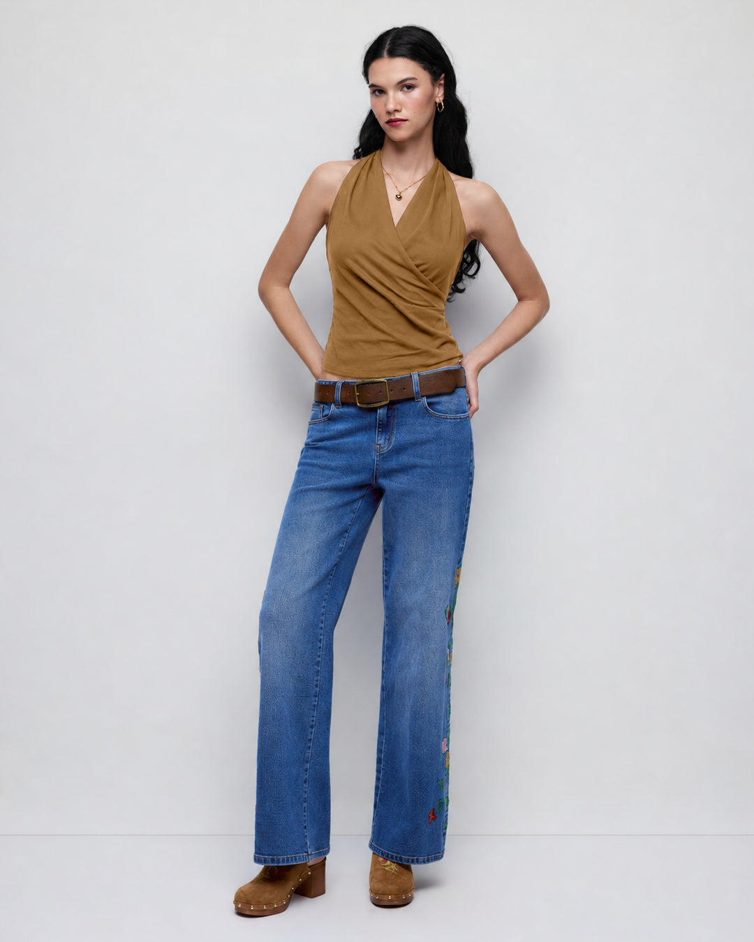 V Neck Wrap Front Sleeveless Top in Rust Brown