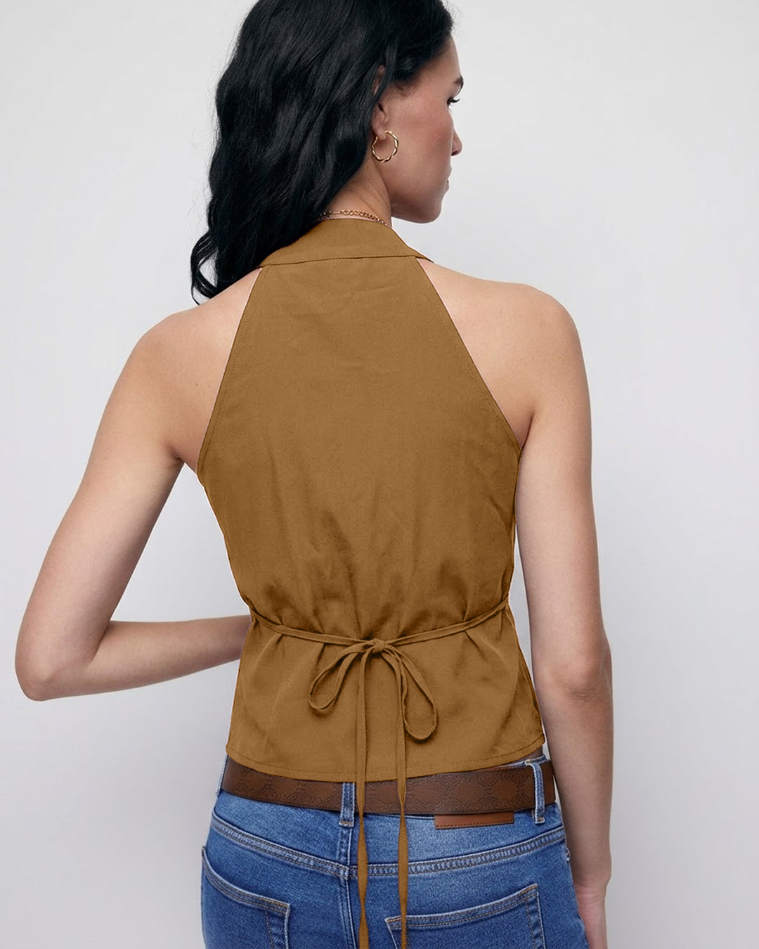 V Neck Wrap Front Sleeveless Top in Rust Brown