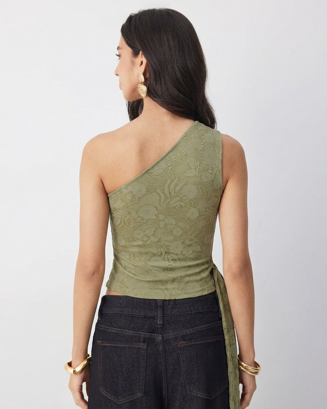 Floral Jacquard One Shoulder Ruched Asymmetrical Top in Sage Green
